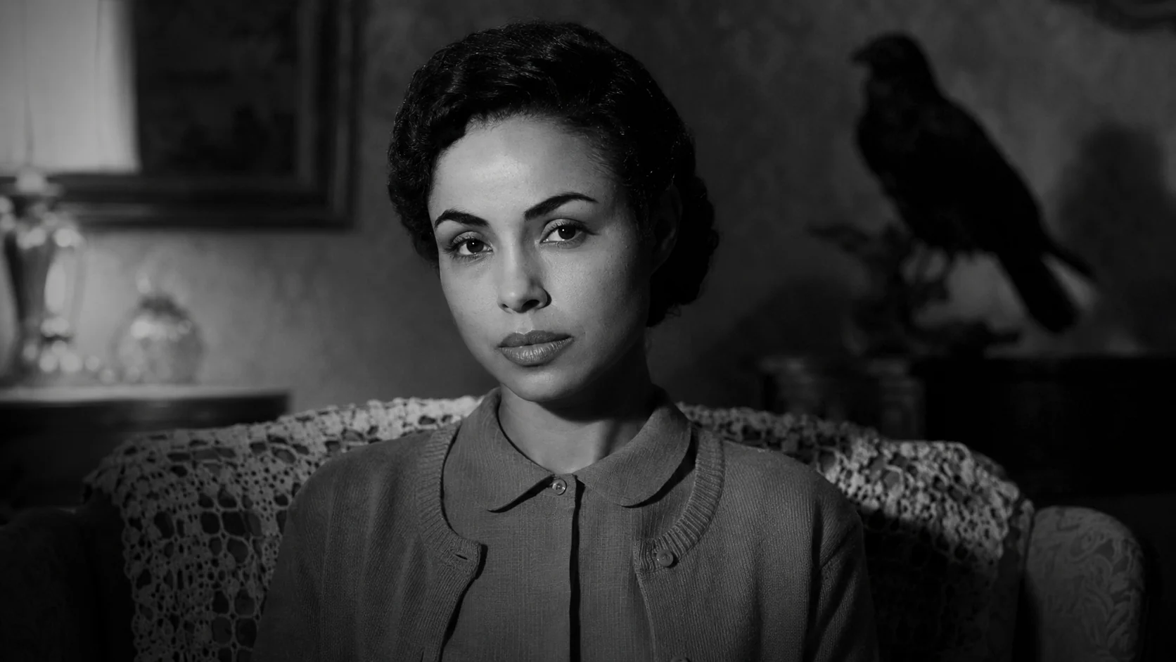 Marcia Do Vales interpretation of Norman Bates in black and white with a bird silhouette